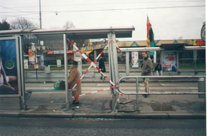 and a picture of a damaged tramway stop